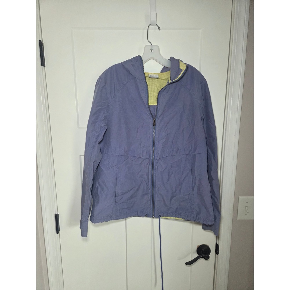 Columbia Womens XL Hooded Windbreaker Jacket Blue Yellow Gingham Lined Full Zip